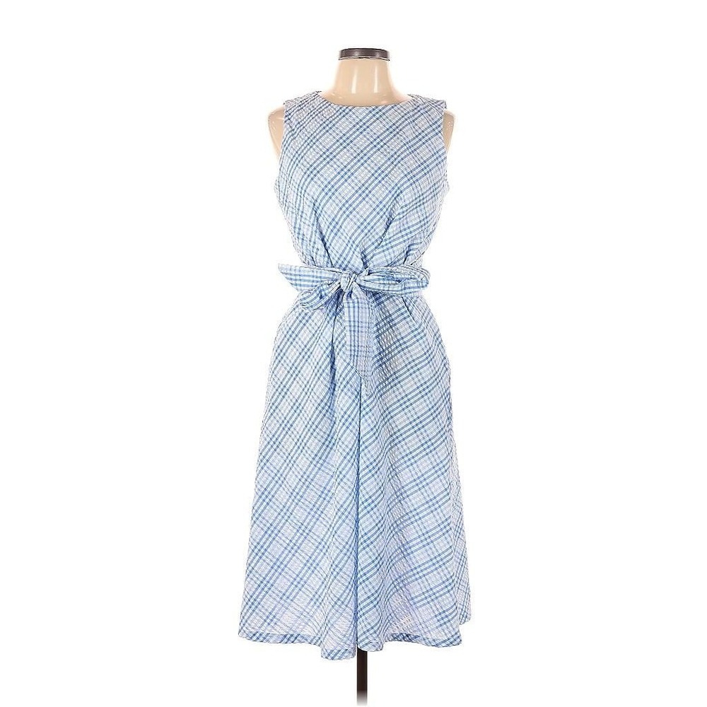 Anne Klein Seersucker Midi Dress Size 6 - Blue and White Gingham Style w/ Sash - Picture 3 of 14